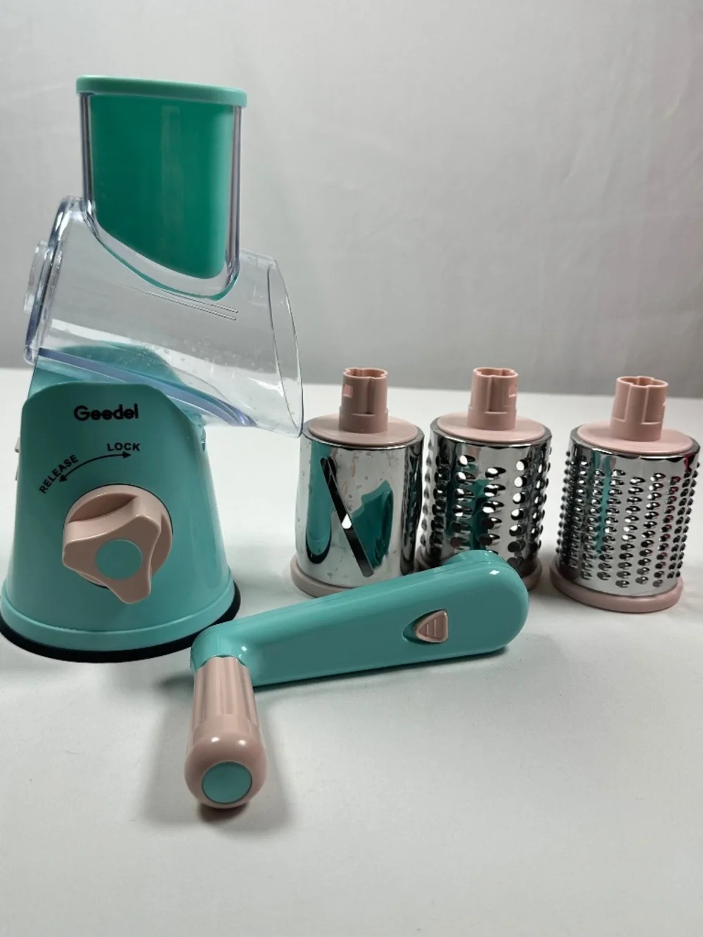 Geedel Rotary Cheese Grater Pink and Teal 3in1 Slicing Julienning & Grinding NIB